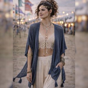 Steve Madden O/S Coastal Blue Open Knit Boho Tassel Cardigan Oversized Festival